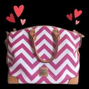 Dooney And Bourke Pink And White Chevron Satchel With Leather Trim